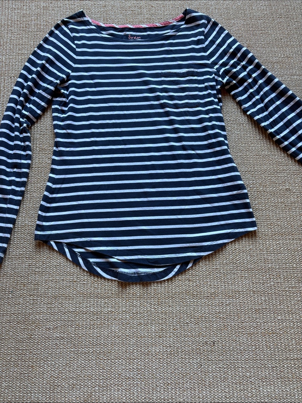 BODEN Blue and White Striped Pocket Long Sleeve Tee.